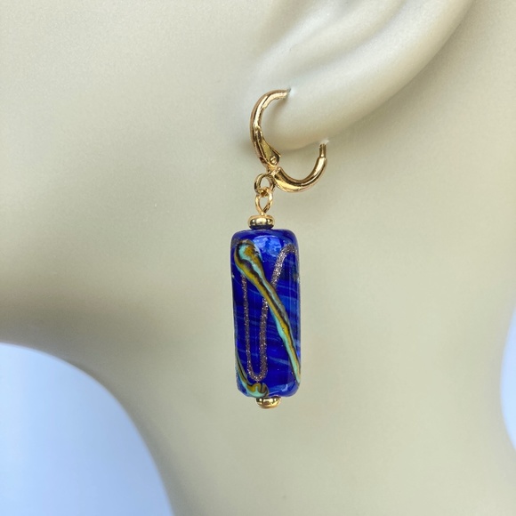 Blue Art Glass Earrings, Handmade, Mod Artisan Murano Glass Earrings - Picture 7 of 7